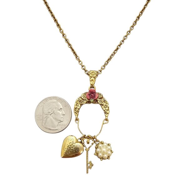 1928 Brand Rose Charms Pendant Necklace Locket Key Flower, Signed - Picture 6 of 8